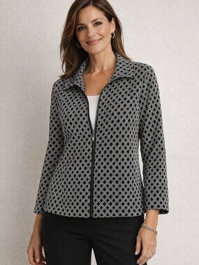 Chico’s Jacket Lightweight Stretch Comfortable Zip Black White Medium